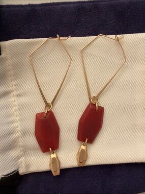 Gold Hoop Earrings with Red Geometric Drops